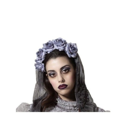 diadema flores grises con velo