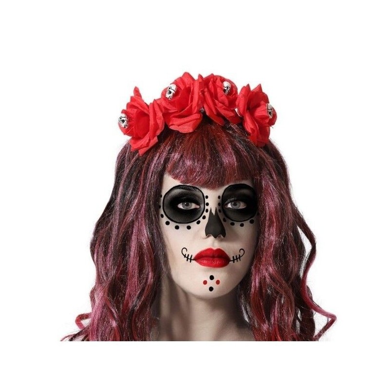 Diadema flores rojas y calaveras catrina