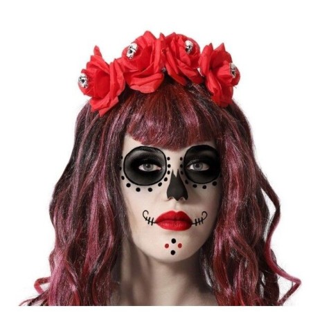 diadema flores rojas y calaveras catrina
