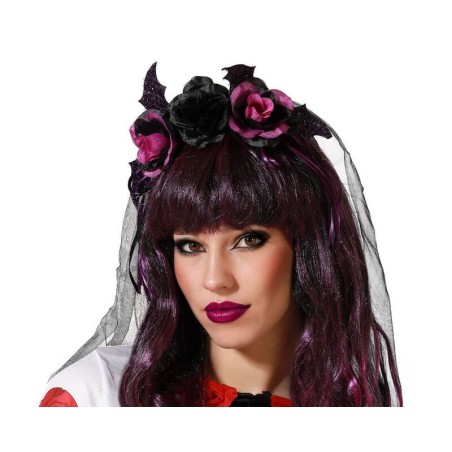 diadema rosas negras y moradas y murcielagos