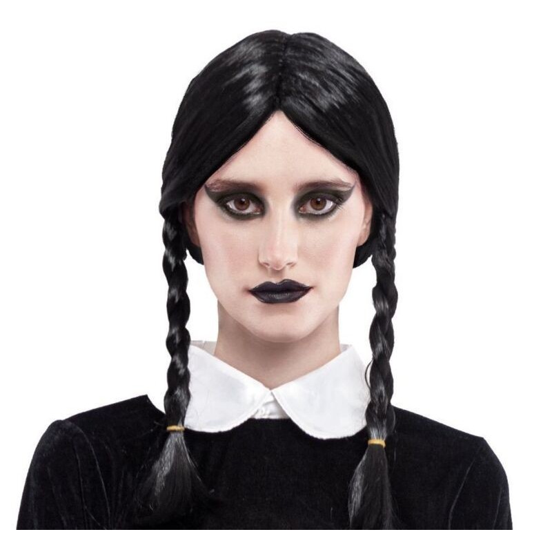 Peluca negra con dos trenzas Miercoles adulto