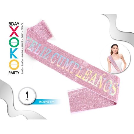 banda feliz cumpleanos rosa purpurina