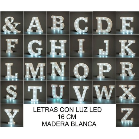 LETRAS MADERA BLANCA CON LUZ LED 16 CM