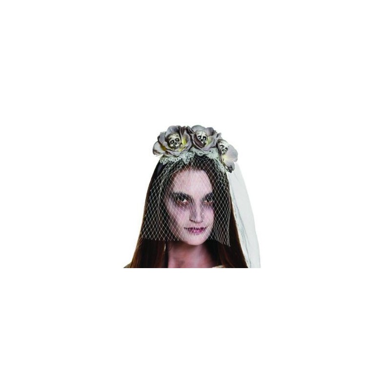 Tiara flores grises  y calaveras novia cadaver