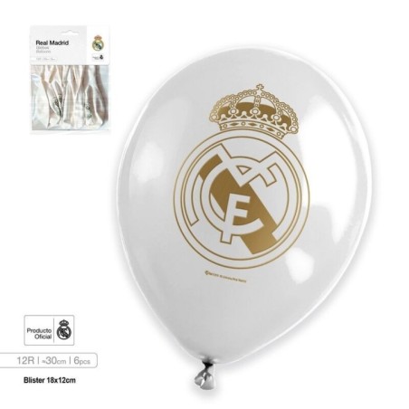Globos blancos escudo Real Madrid oficial 6 uds 30 cm 8435127122168 RM12216EF