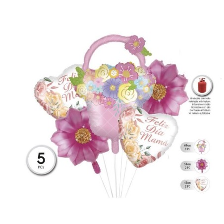 Globos dia de la madre flores y corazones 5 uds-Tus Disfraces baratos