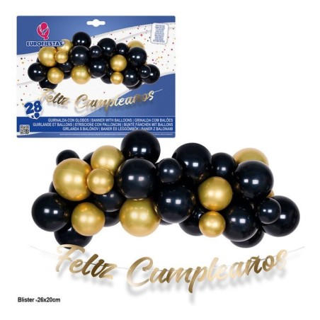 Set Globos negros y oro con feliz cumpleaños oro-Tus Disfraces