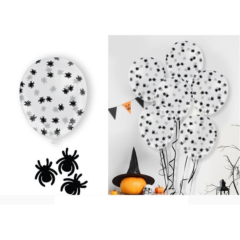 Globos transparentes con confeti arañas 10 uds 30 cm
