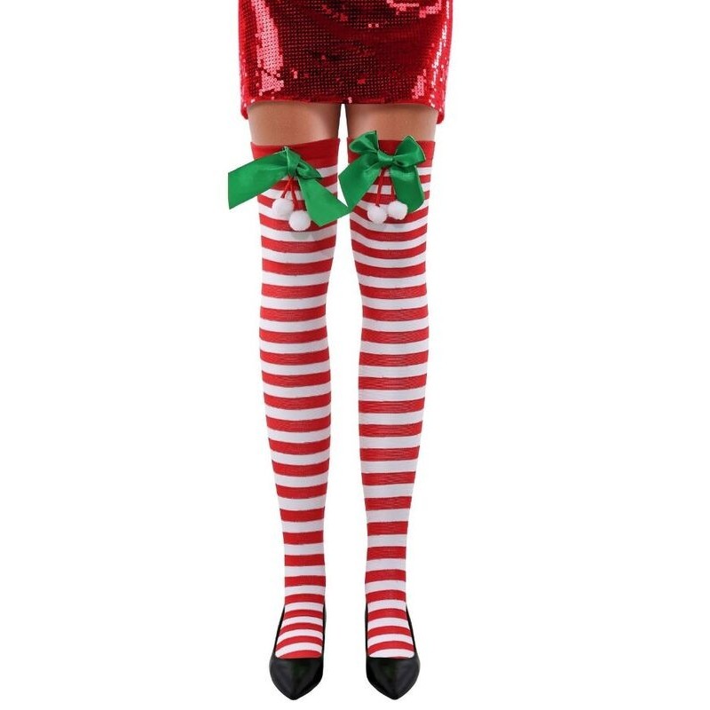 Medias elfo rayas rojas y blancas lazo verde