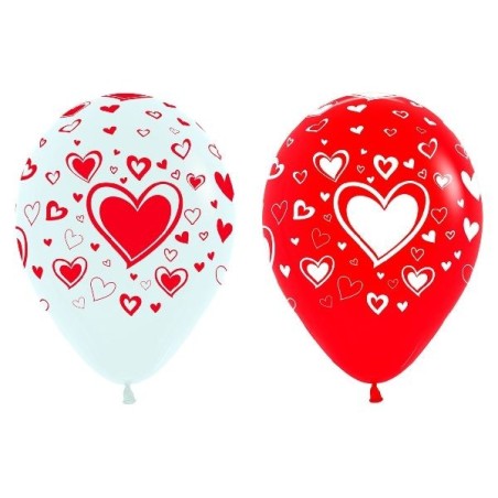 Globos blancos y rojos con corazones 12 uds 30 cm 7703340330426 R12 COR
