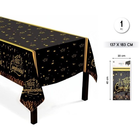 Mantel feliz cumpleanos negro oro 137x183 cm 8433584928637 92863