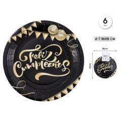 Platos feliz cumpleanos negros 6 uds 18 cm 8433584929801 92980