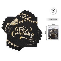 Servilletas feliz cumpleanos negros 12 uds 33 cm 8433584929825 92982