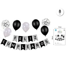 Guirnalda Feliz cumpleanos plata negro con 8 globos 8433584934720 93472