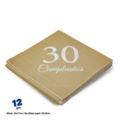 Servilletas oro 30 cumpleanos  12 uds 33 cm 8435127341583 34158