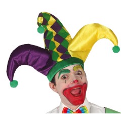 Gorro bufon morado amarillo verde 3 picos con pompom-Tus Disfraces