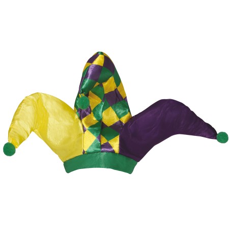 Gorro bufon morado amarillo verde 3 picos con pompom