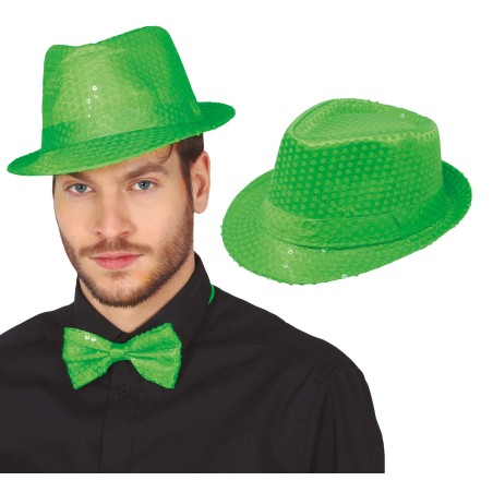 Sombrero gangster verde neon lentejuelas-Tus Disfraces baratos