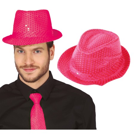 Sombrero gangster rosa neon lentejuelas-Tus Disfraces baratos