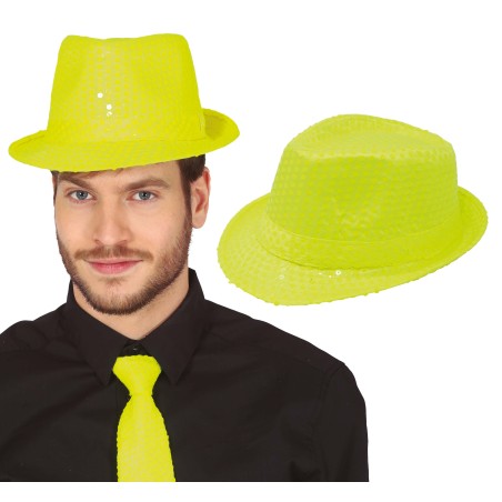 Sombrero gangster amarillo neon lentejuelas-Tus Disfraces baratos