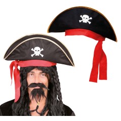 Gorro pirata sombrero negro con calvera y lazo rojo-Tus Disfraces