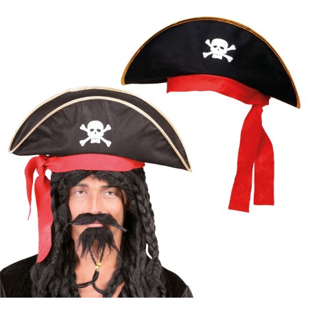 Gorro pirata sombrero negro con calvera y lazo rojo-Tus Disfraces