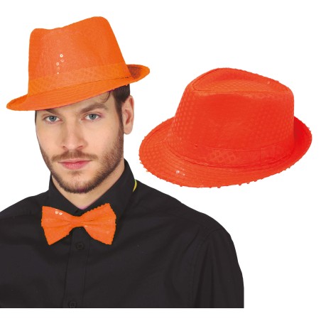 Sombrero gangster naranja neon lentejuelas-Tus Disfraces baratos