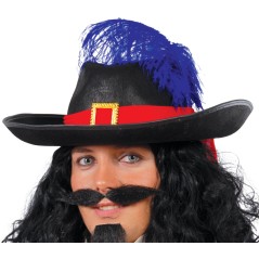 Sombrero fieltro mosquetero negro cinta roja pluma-Tus Disfraces