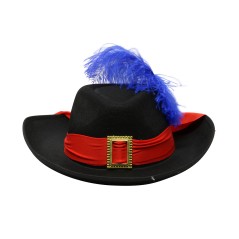 Sombrero fieltro mosquetero negro cinta roja pluma-Tus Disfraces