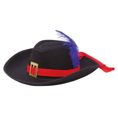 Sombrero fieltro mosquetero negro cinta roja pluma-Tus Disfraces