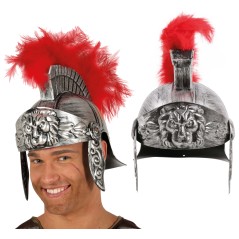 Casco soldado romano plateado con pluma roja-Tus Disfraces baratos