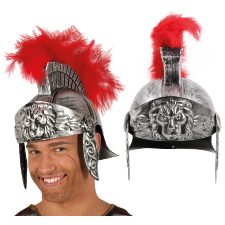 Casco soldado romano plateado con pluma roja-Tus Disfraces baratos