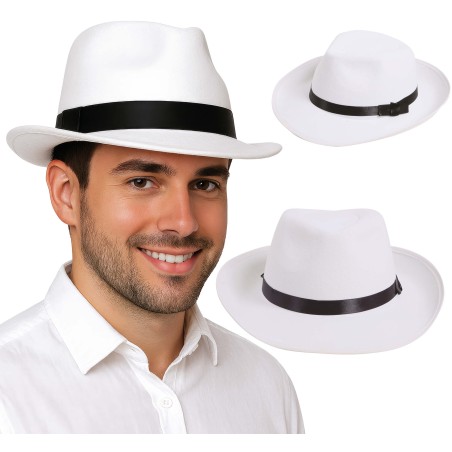 Sombrero rey del pop blanco cinta negra gangster-Tus Disfraces baratos
