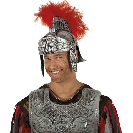 Casco soldado romano plateado con pluma roja