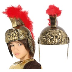 Casco soldado romano infantil dorado con pluma roja-Tus Disfraces