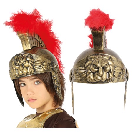 Casco soldado romano infantil dorado con pluma roja-Tus Disfraces