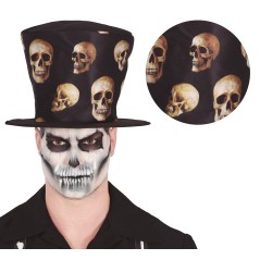 Chistera negra alta con calaveras-Tus Disfraces