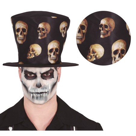 Chistera negra alta con calaveras-Tus Disfraces