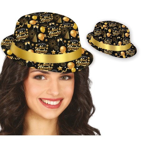 Gorro gangster happy new year negro y dorado-Tus disfraces
