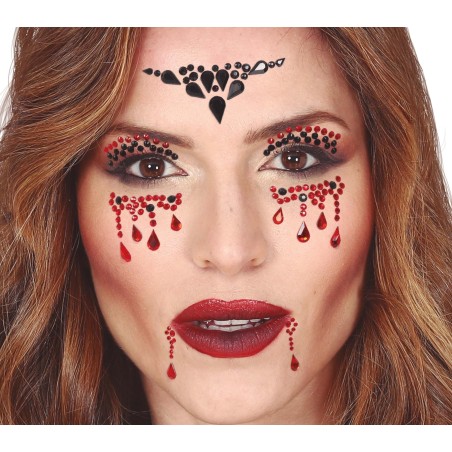 Joyas faciales adhesivas rojas y negras vampira-Tus Disfraces
