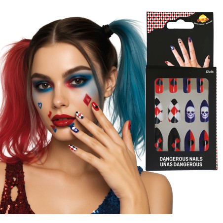 Uñas con pegamento arlequina Harley quinn -Tus disfraces