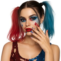 Uñas con pegamento arlequina Harley quinn