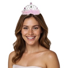Tiara princesa plata plumas rosa diadema