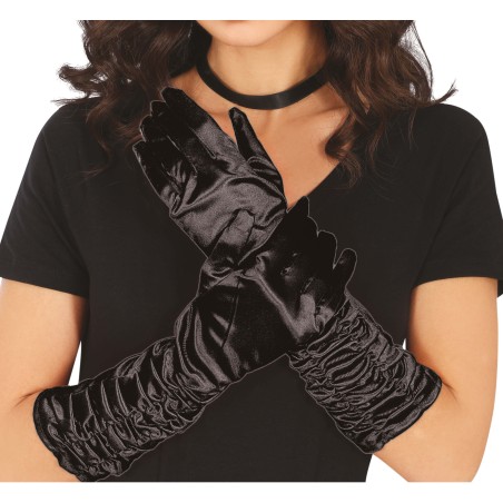 Guantes negros largos arrugados 45 cm-Tus disfraces baratos