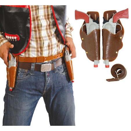 Cartuchera marron doble con 2 pistolas vaquero-Tus disfraces baratos