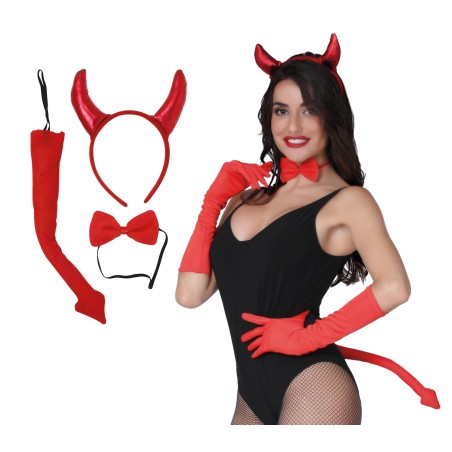 Conjunto diablesa sexy pajarita cuernos y rabo-Tus Disfraces