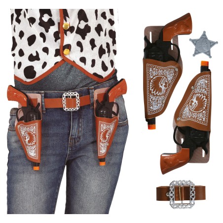 Cartuchera vaquera marron doble con pistolas de 20 cm-Tus disfraces baratos