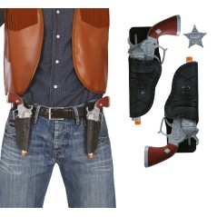 Cartuchera vaquera negra doble con pistolas de 24 cm-Tus disfraces baratos