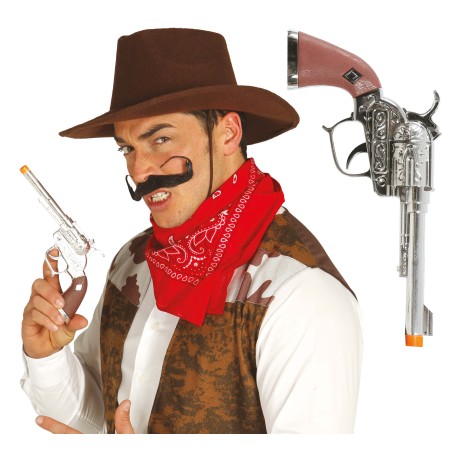 Revolver 25 cm plateado mango marron-Tus disfraces baratos