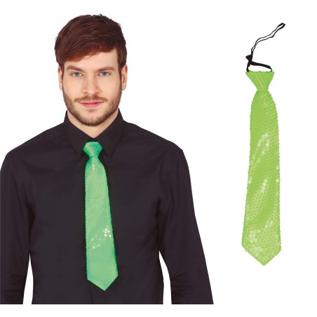 Corbata verde neon con lentejuelas 37 cm-Tus disfraces baratos